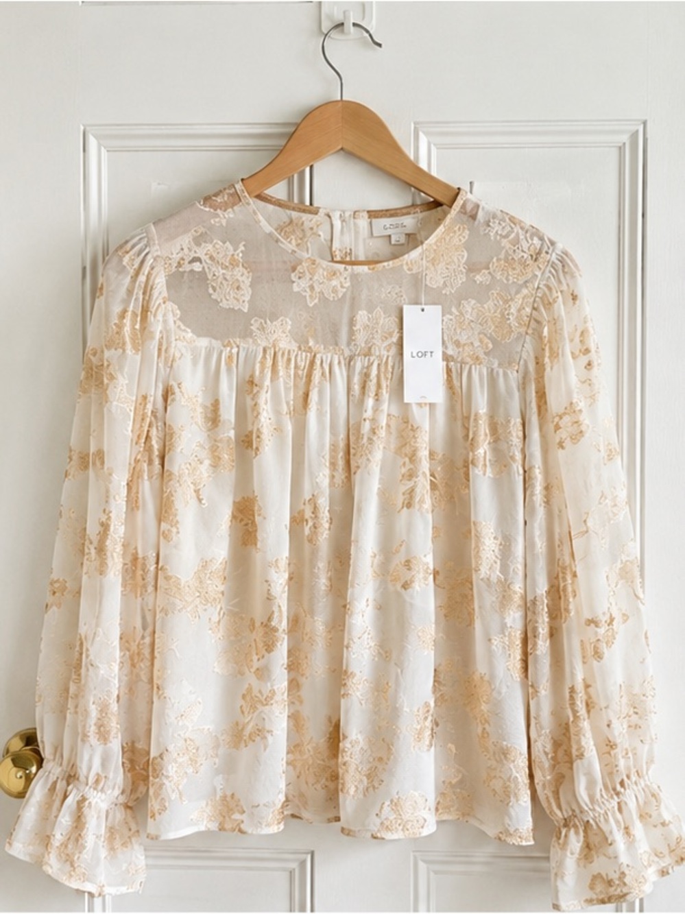 LOFT Ivory and Gold Floral Jacquard Ruffle Blouse